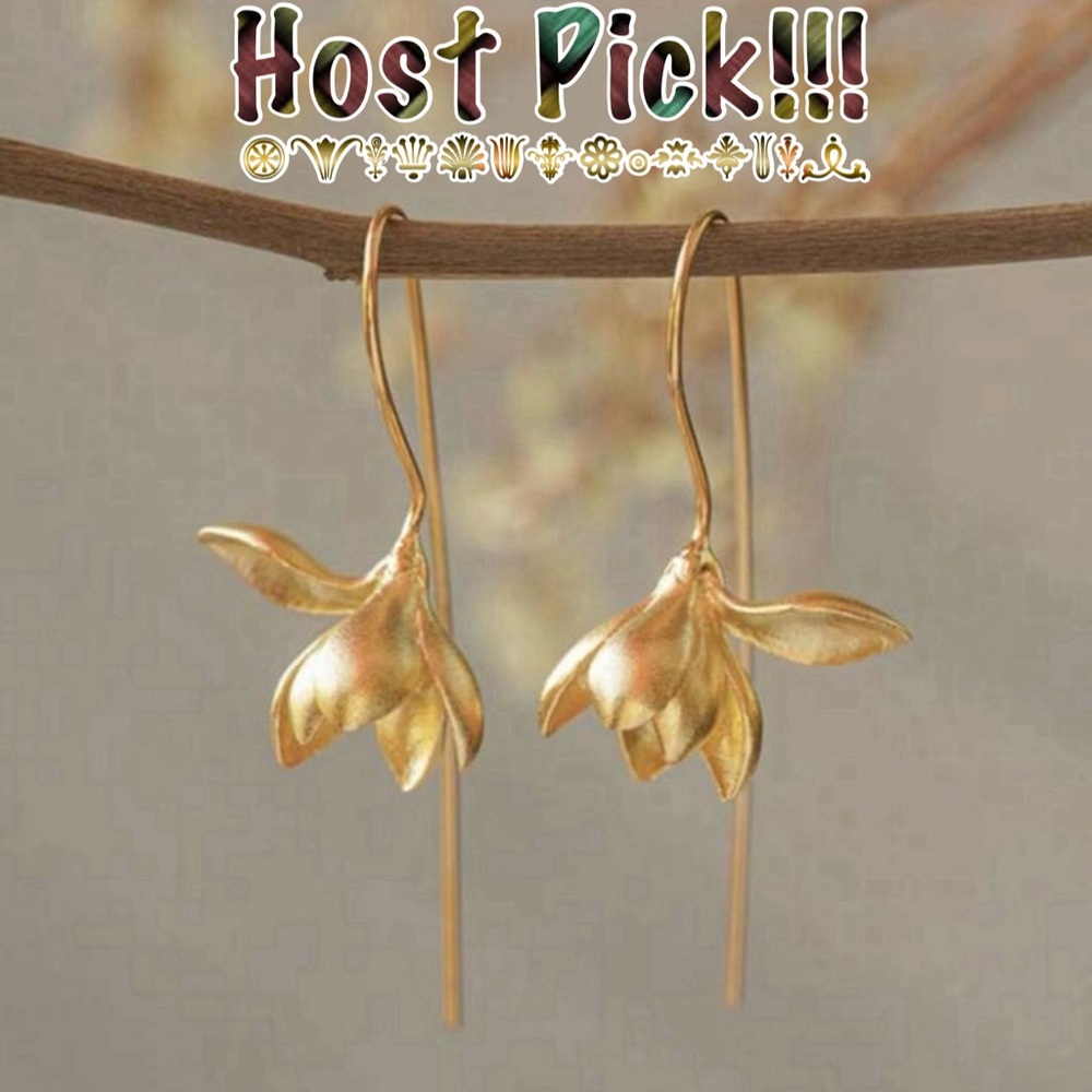 “Blodeuwedd” Orchid Flower Sculpted Feminine Gold Ear Pin Hook Threader Earrings